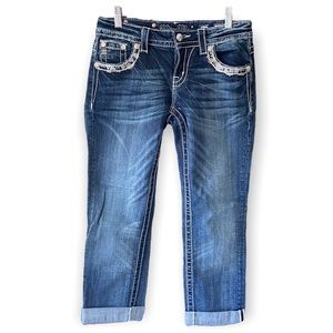 Miss Me Capri Jeans Denim Medium Wash Blue Easy Cropped Rhinestone Size 26